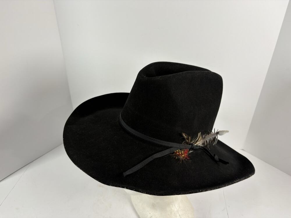 Vintage Dyna Felt Deluxe Fur Blend Black Western Cowboy Hat Feather USA Mens